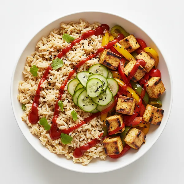 Grilled Tofu & bellpepper with Spicy Almond-Butter rice  & Pickled Cucumber
